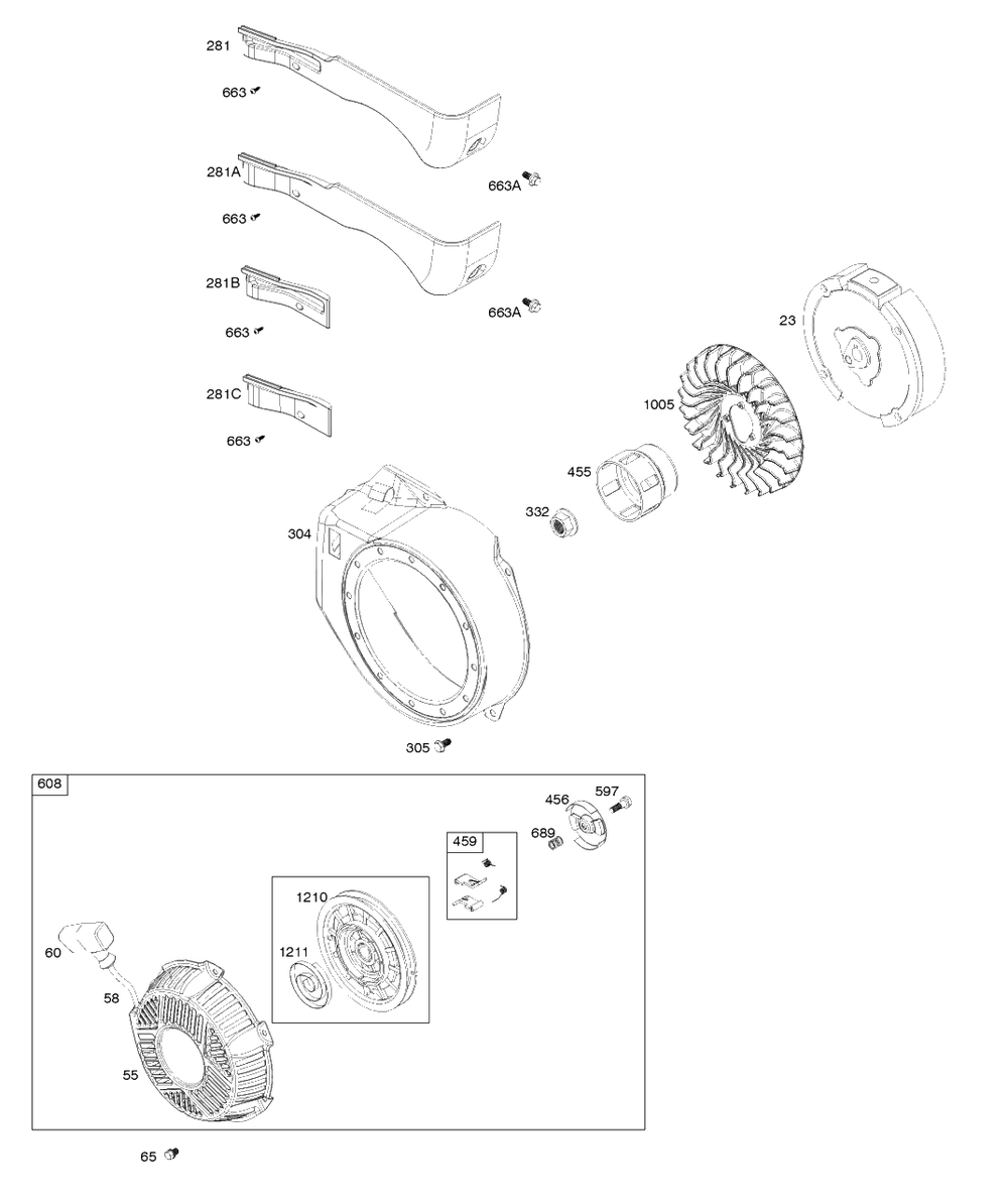 Blower Housing, Flywheel, Rewind Starter Diagram and Parts List for 83132-0019-F1  Briggs and Stratton Engine